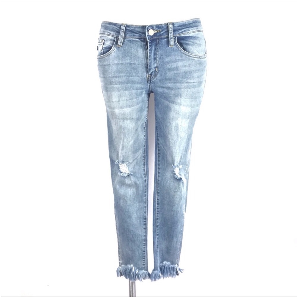 Kancan Distressed Skinny Jeans w/ Fringe Hems 25 - Picture 5 of 8